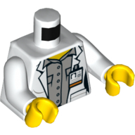 Деталь LEGO Torso Lab Coat, Id Card, Light Grey Shirt, Buttons Print, White Arms, Yellow Hands, Белый