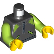 Деталь LEGO Torso Jacket with Lime Shoulders with Zipper and Lime Pockets Print, Lime Arms, Yellow Hands, Черный