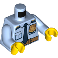 Деталь LEGO Torso Shirt with Dark Tan Belt, Gold Badge and Dark Blue Tie / 'POLICE' and Radio Print, Bright Light Blue Arms, Yellow Hands, Ярко-светло-голубой