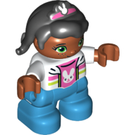 Деталь LEGO Duplo Figure Child- Black Hair with Bangs and Dark Pink Hairclip with Rabbit Decoration  - White Top with Dark Pink and Lime Stripes over Dark Pink Shirt with Rabbit Print, Белый