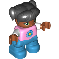 Duplo Figure Child - Girl with Black Ponytails and Bangs - Top with White Sleeves and Yellow and Dark Azure Flower Print - Medium Dark Flesh Face and Arms - Dark Azure Legs