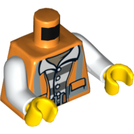 Деталь LEGO Torso Safety Vest with Reflective Stripes, Open over Dark Bluish Gray and White Striped Prison Shirt Print, White Arms, Yellow Hands, Оранжевый