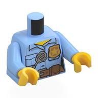 Деталь LEGO Torso Bright Light Blue Shirt, Police Badge, Radio, Dark Tan Belt, Pocket Print, Bright Light Blue Arms, Yellow Hands, Ярко-светло-голубой