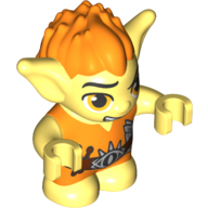 Goblin - Orange Hair and Tunic - Brown Belt with Drumsticks and folded Music Print (Beiblin with Right Side Open Mouth Smile) - (movable arms - 1.5 H0le in back of head)