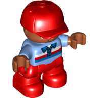 Деталь LEGO Duplo Figure Child with Red Cap - Bright Light Blue Shirt with White Red Blue Stripes - Medium Dark Flesh Face and Hands - Red Legs, Средне-голубой