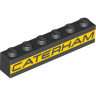 Деталь LEGO Brick 1 x 6 with Black 'CATERHAM' on Yellow Stripe print, Черный