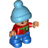 Duplo Figure Child with Medium Azure Knitted Bobble Cap - Red Top with Green and Lime Striped Scarf - Light Flesh Face and Hands - Blue Legs