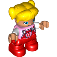 Деталь LEGO Duplo Figure Child - Girl with Yellow Pigtails and Bangs - Red Coveralls with Star on Pocket over Striped Top with White Sleeves Print - Light Flesh Face and Hands - Red Legs, Ярко-розовый