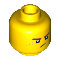 Деталь LEGO Minifig Head Jay, Reddish Brown Eyebrows and Freckles, Lopsided Grin / Frown Print, Желтый