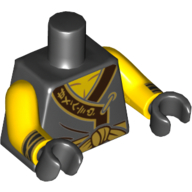 Деталь LEGO Torso Robe with Dark Brown Trim with Asian Characters Print, Yellow Arms, Black Hands, Черный