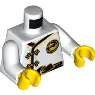 Деталь LEGO Torso Robe with Gold Frog Clasps and Knotted Black Sash, Small Gold Emblem / Large on Back Print (Sensei Wu), White Arms, Yellow Hands, Белый