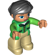 Деталь LEGO Duplo Adult Figure, No. 32 - Black Hair - Green Jacket with Zipper - Light Flesh Face and Hands - Tan Legs, Зеленый