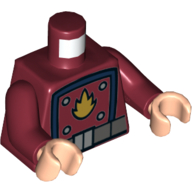 Деталь LEGO Torso Jacket with Dark Blue Square, Belt, and Star-Lord Fire Logo Print, Dark Red Arms, Light Flesh Hands, Темно-красный