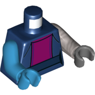 Деталь LEGO Torso, Odd Arms and Hands, Jumpsuit with Magenta Middle Panel Print (Nebula), Left Flat Silver Arm and Dark Bluish Gray Hand, Right Dark Azure Arm and Hand, Темно-синий