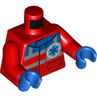 Деталь LEGO Torso Jacket with Blue Collar and Shoulder, Silver Reflective Stripes, and Star of Life Logo Print, Red Arms, Blue Hands, Красный
