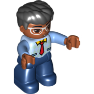 Duplo Figure Adult - Thick Black Hair - Bright Light Blue Top with Red Tie Print - White Eyeglasses - Medium Dark Flesh Face and Hands - Dark Blue Legs