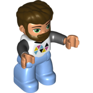 Деталь LEGO Duplo Figure with Thick Hair Combed Forward and Beard Dark Brown, Medium Blue Legs, Black Arms, Multi-colored Triangles on Shirt Print, Белый
