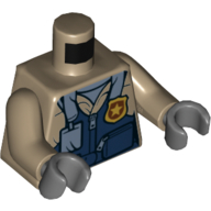 Деталь LEGO Torso Flight Suit with Dark Blue Vest, ID Badge (Lanyard), and Gold Police Badge Print, Dark Tan Arms, Dark Bluish Gray Hands, Темно-песочный