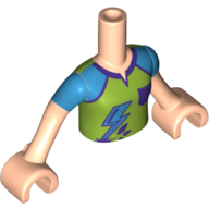 Деталь LEGO Minidoll Torso Girl with Lime Shirt, Medium Azure Shoulders, with Purple Lines, Pocket, Lightning Bolt, Светлый телесный