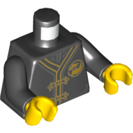 Деталь LEGO Torso Robe with Gold Trim, Wu Logo Print, Black Arms, Yellow Hands, Черный