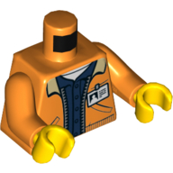 Деталь LEGO Torso Jacket with Zipper, Dark Blue Buttoned Shirt, Pockets, ID Badge, Miners Logo, Orange Arms, Yellow Hands, Оранжевый