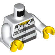 Деталь LEGO Torso Prisoner Shirt with Dark Bluish Gray Stripes, '50380', 6 Buttons Print, White Arms, Yellow Hands, Белый
