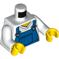 Деталь LEGO Torso V-Neck Shirt with Blue Overalls, Dotted Horizontal Line on Front Pocket Print, White Arms, Yellow Hands, Белый