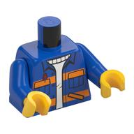 Деталь LEGO Torso Jacket with White Undershirt, Pockets and Red Pen, with 2 Orange Stripes Print, Blue Arms, Yellow Hands, Голубой