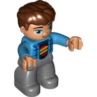 Duplo Figure with Thick Hair Combed Forward over Forehead Medium Blue Jacket. Dark Blue Shirt, Yellow/Red Tie, Reddish Brown Hair