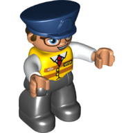 Деталь LEGO Duplo Figure, Male, with Dark Blue Police Style Hat, Black Legs, Yellow Vest with Red Tie, White Arms, Glasses with Blue Eyes, Желтый
