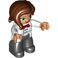 Деталь LEGO Duplo Figure Female with Long Hair Section in Front, Black Legs, Red Neckerchief and 4 Buttons Print, Белый