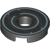 Деталь LEGO Tile 2 x 2 Round with Hole with Blue Circles, Dark Bluish Gray Circuity print, Черный