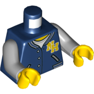 Деталь LEGO Torso Letterman Jacket with "NH" Logo, Pockets, White Shirt Print, Light Bluish Gray Arms, Yellow Hands, Темно-синий