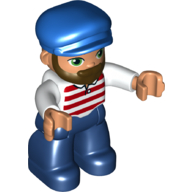 Деталь LEGO Duplo Figure, Male, Blue Cap, Beard, Dark Blue Legs, Red and White Striped Shirt Print, Белый