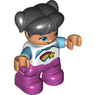 Figure, Child Girl, Black Hair with Ponytails, Dark Pink Legs, White and Medium Azure Top with Shooting Star Print