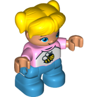 Деталь LEGO Duplo Figure, Child Girl, with Yellow Hair with Ponytails, Dark Azure Legs, White and Pink Top with Bee Print, Ярко-розовый