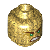 Деталь LEGO Minifig Head Dual Sided Angry, Teeth, Green Eyes, Gold Flames Around Eyes, Жемчужно-золотой