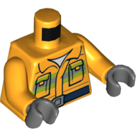 Деталь LEGO Torso Fire Jacket, Green/Dark Bluish Gray Stripes, Pockets, Dark Blue Belt, Buckle, White Shirt Print, Bright Light Orange Arms, Dark Bluish Gray Hands, Ярко-светло-оранжевый