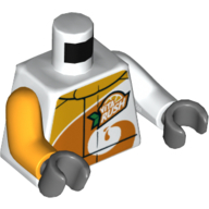 Деталь LEGO Torso, Odd Arms, Racing Jacket with Bright Light Orange Collar and Orange Swirl, 'Vita Rush' Logo Print, Left White Arm, Right Bright Light Orange Arm, Dark Bluish Gray Hands, Белый