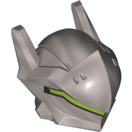 Деталь LEGO Minifig Helmet Raised Visor, Lime Stripe, Pointy Ears, Матовый серебристый