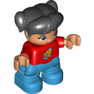 Деталь LEGO Duplo Figure Child with Ponytails and Bangs Black, Red Top with Rocket Ship Print - Light Flesh Face and Hands - Dark Azure Legs, Красный
