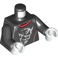 Деталь LEGO Torso Racing Jacket, Red and White Trim, White Demon Head Print, Black Arms, White Hands, Черный