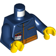 Деталь LEGO Torso Jacket with Orange Stripe, Pockets, Name Tag Print, Dark Blue Arms, Yellow Hands, Темно-синий