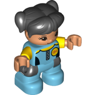 Деталь LEGO Duplo Figure Child with Ponytails and Bangs Black, with Dark Azure Legs, Yellow Arms, Wetsuit Print, Средне-лазурный