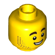Деталь LEGO Minifig Head Dark Brown Stubble Beard, Raised Eyebrows, Smile, Teeth, Желтый