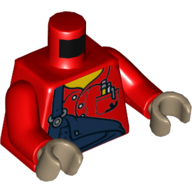 Деталь LEGO Torso Overall, Dark Blue with One Strap Down, Shirt Pockets with Pens Print, Red Arms, Dark Tan Hands, Красный