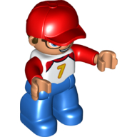 Деталь LEGO Duplo Figure with Cap Red, with Light Flesh Face and Hands, Blue Legs, Red Arms, and Yellow '7' Print, Белый