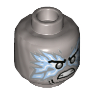 Деталь LEGO Minifig Head Silver Eyes, Angry, Teeth, Bright Light Blue/White Flames, Матовый серебристый