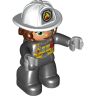 Duplo Figure, Helmet with Long Hair, Black Legs, Black Jacket with Safety Harness, White Helmet with Silver Fire Badge and Radio, Green Eyes (Firefighter)