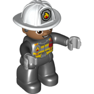Duplo Figure, with Helmet, Black Legs, Black Jacket with Safety Harness, White Helmet with Silver Fire Badge and Radio, Brown Eyes (Firefighter)
